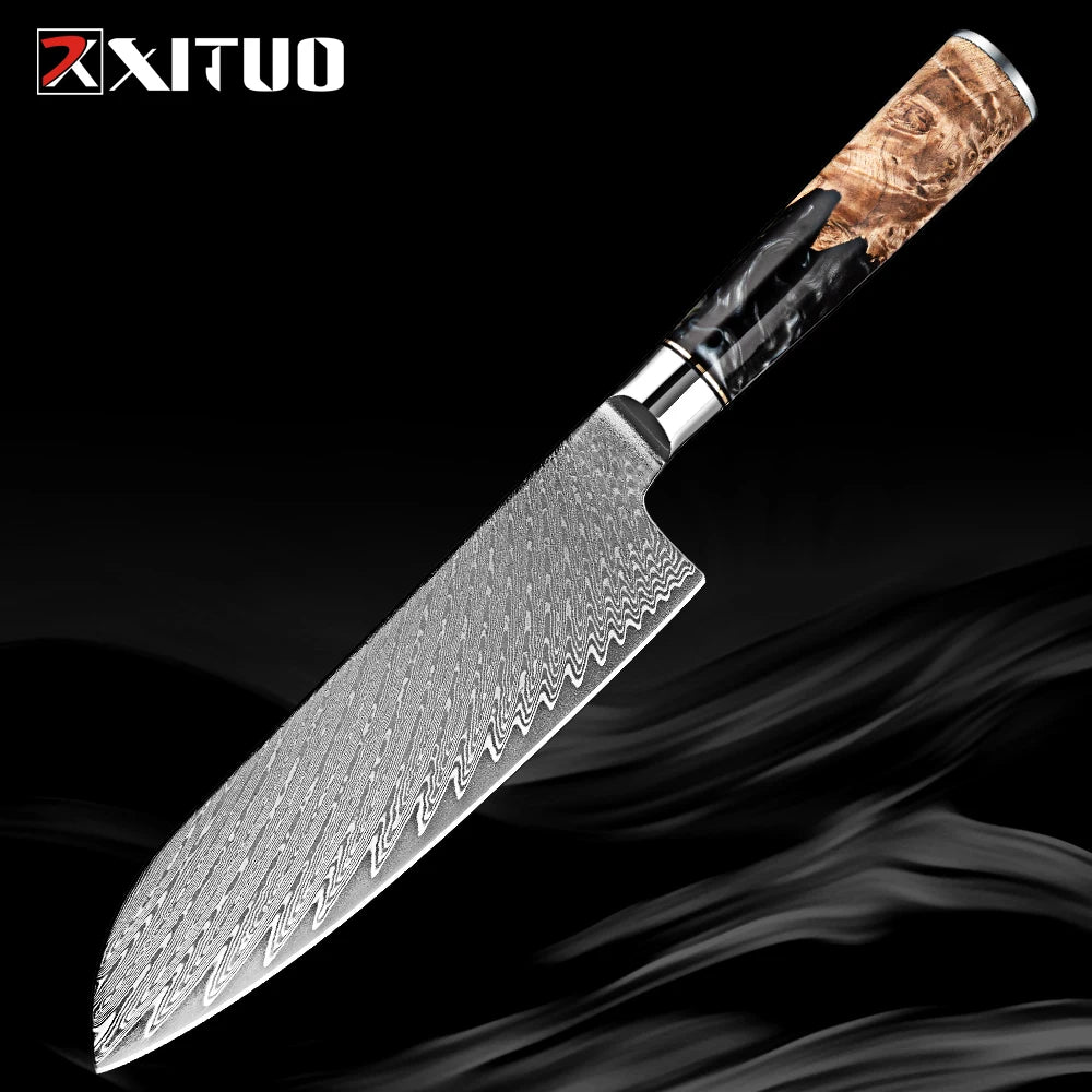 Damascus Steel Kitchen Knives 1-9PC Set XITUO Japanese chef knife Cleaver Bread Knife Resin and wooden Ergonomics handle Sharp