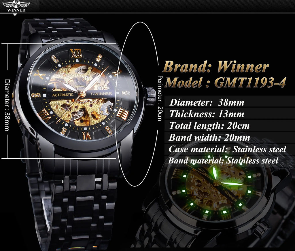 Winner Top Luxury Men Skeleton Automatic Mechanical Watch Fashion Rhinestone Luminous Stainless Steel Business Male Wristwatches