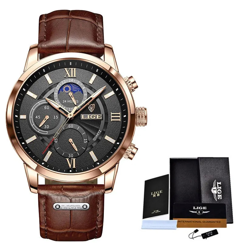 LIGE Cognac Classic 2024 - Premium Brown Leather Sport-Casual Watch