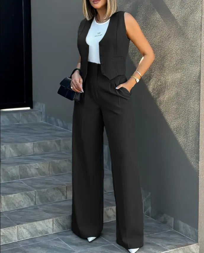 New 2025 Women's Summer Casual 2PCS Pants Sets Solid Vest +Pants Sets Elegant High Waist Wide Leg Outfits Women Matching Sets