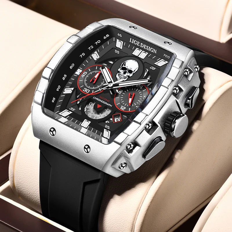 LIGE Brand Mens Watch Skeleton Skull Dial Sports Military Watches Men Fashion Luxury Waterproof Quartz Watch Chronograph Relogio