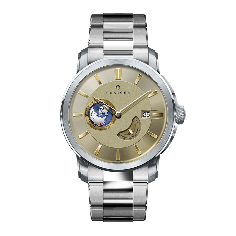 Top Brand New Japanese Automatic Men Watch Rotating Earth Calendar Multifunction Watch Stainless Steel Waterproof Clock PONIGER
