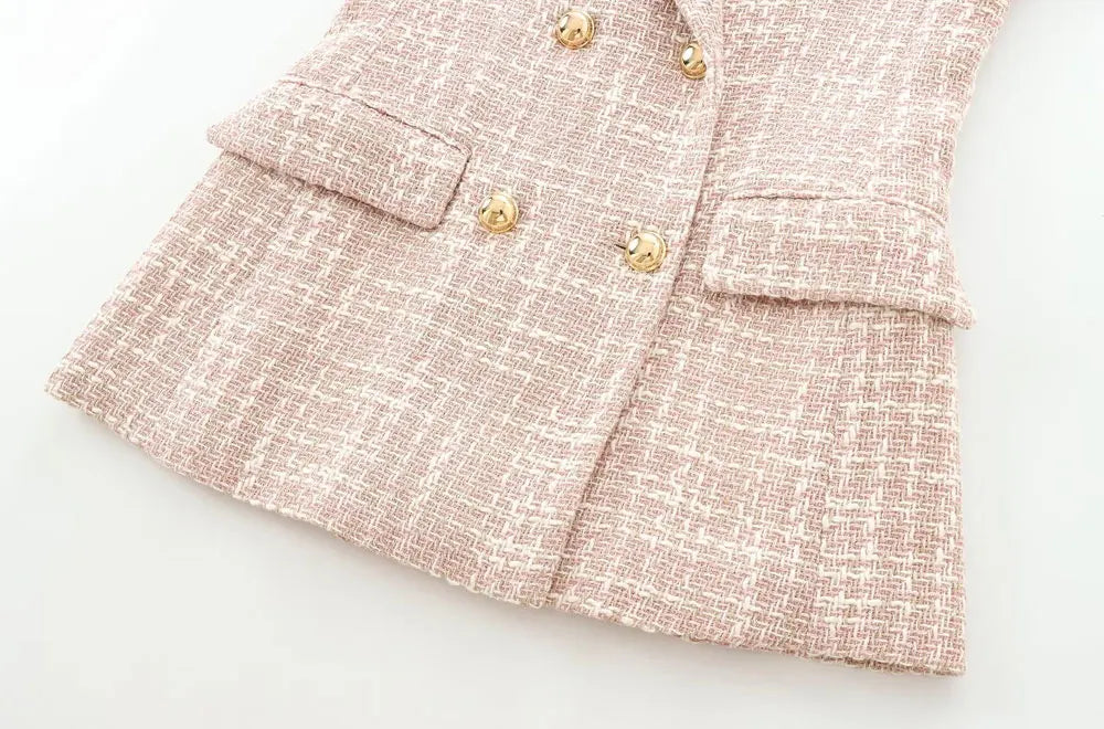 TRZA-Double Breasted Tweed Blazer for Women, Long Sleeve Coat, Flap Pockets, Female Outerwear, Chic Tops, Fashion