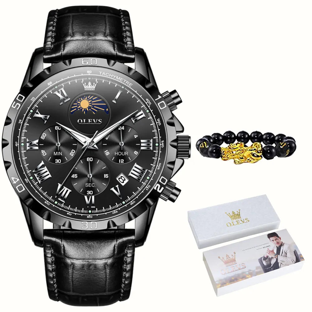 OLEVS 2950 Moon Phase Quartz Watch for Men Multi functional Roman Scale Original Hand Clock Chronograph Business Male Watches