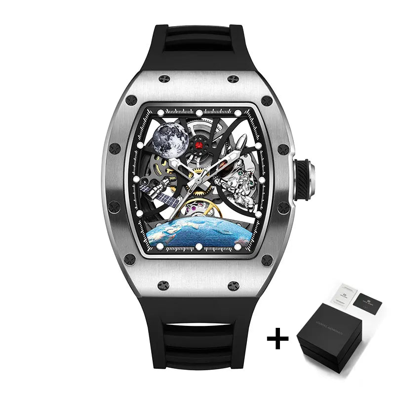 2025 New Top Brand Mens Automatic Watch Skeleton Tonneau Waterproof Wristwatch Luxury Clock Mechanical Watch for Men Earth dial
