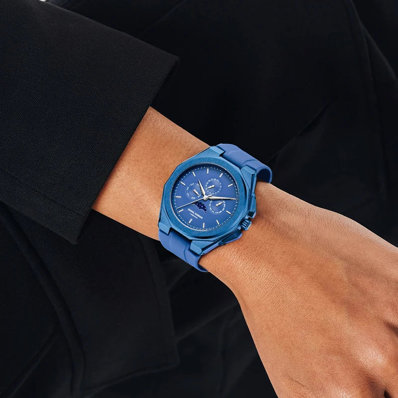 Sporty Men Wristwatch Chronograph Watch Function 3 Eyes Luminous hands Stainless Steel Case Soft Silicone Strap Reloj