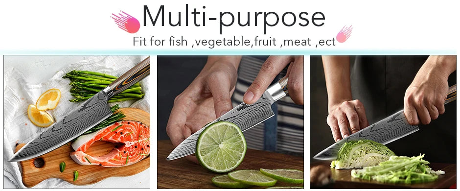 Kitchen Knife Set Chef Knives Japanese 7CR17 440C High Carbon Stainless Steel Imitation Damascus Sanding Laser Knife