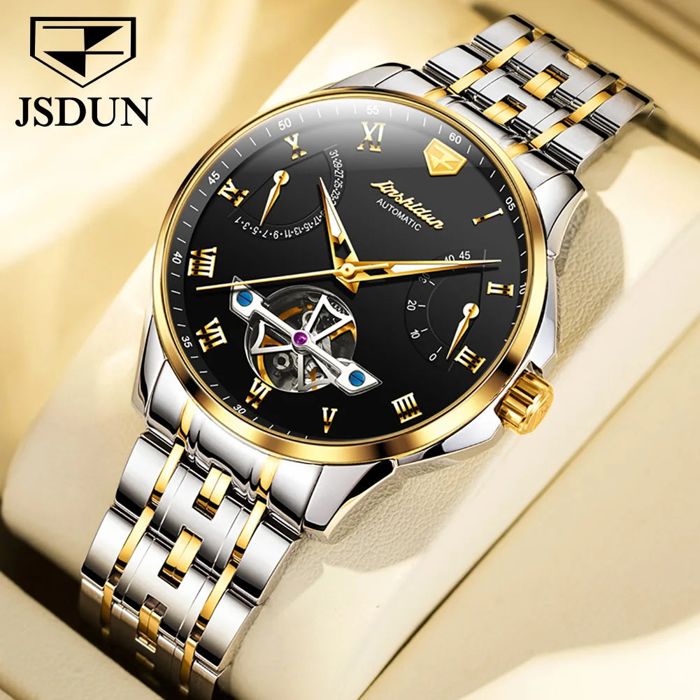 JSDUN Top Brand Fashion Skeleton Multifunction Watches for Men Stainless Steel Waterproof Luxury Automatic Mechanical Man Watch