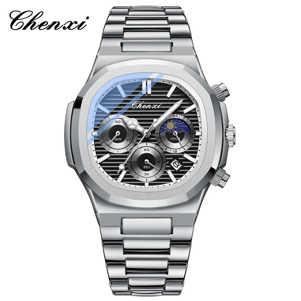 Astronomical Chronograph Watch - Waterproof Moon Phase Calendar with Luminous Steel