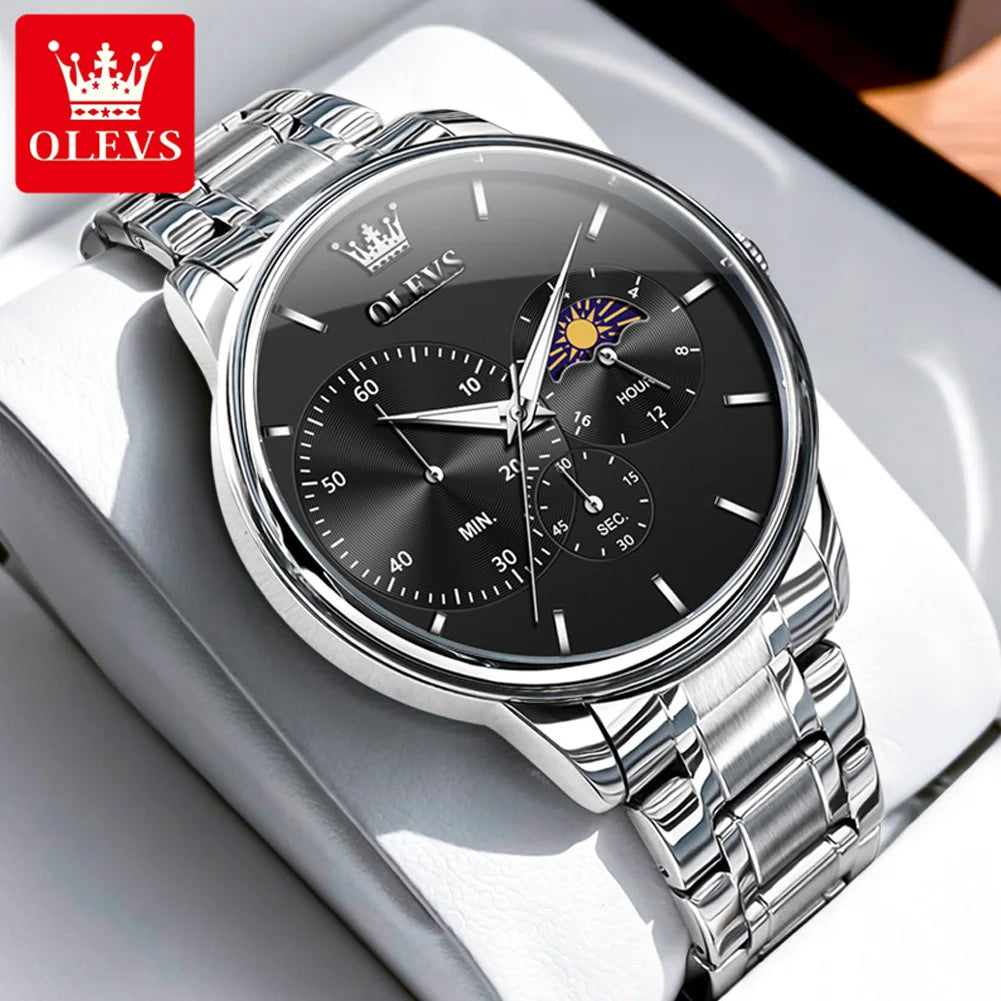 OLEVS Moon Phase Men's Watch Simple Casual Original Fashion Quartz Watch for Men Waterproof Luminous Stainleess Steel Wristwatch