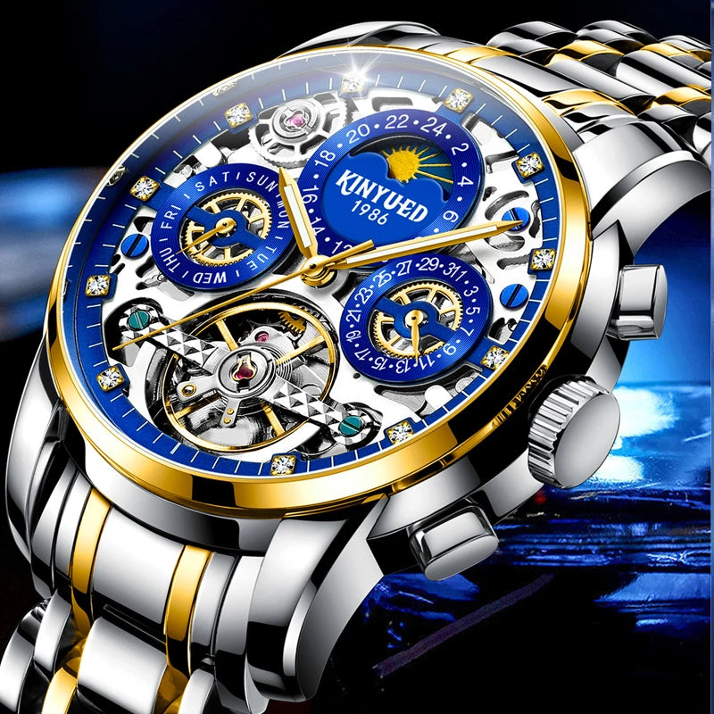Tourbillon Automatic Watch for Men Diamond Moon Phase Mechanical Mens Watches Waterproof Silver Gold Stainless Steel Wristwatch