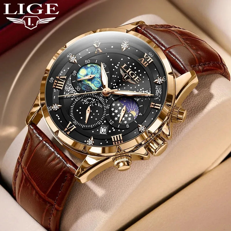 LIGE Chrono Master - Luxury Leather Waterproof Date Chronograph