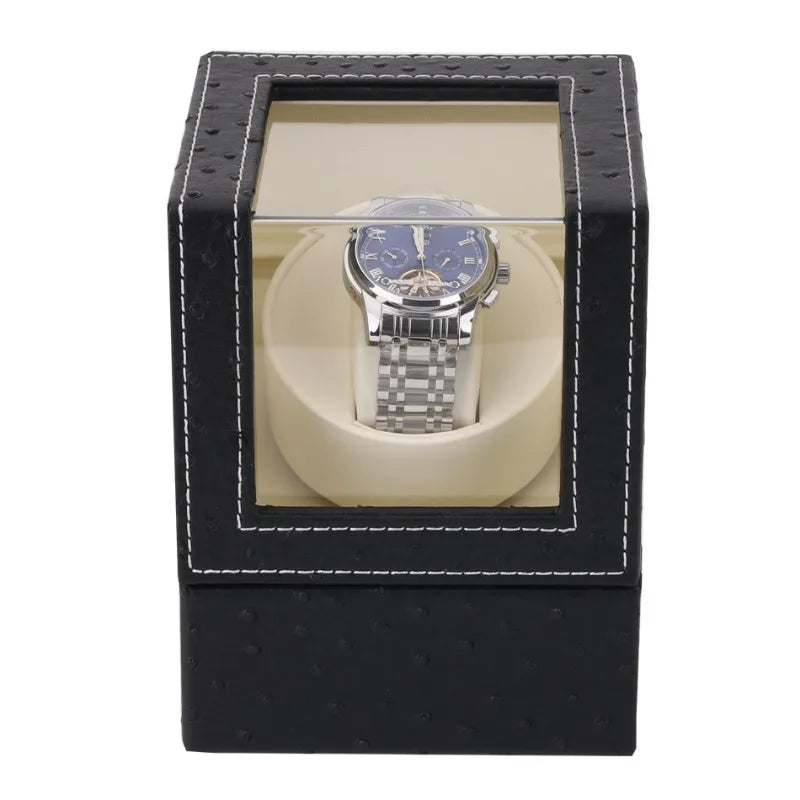 Automatic Single Watch Winder in Black PU Leather with Japanese Quiet Motor AC Adapter or Battery Powered Watch Winders