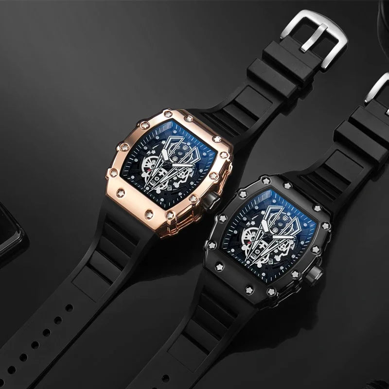 Skeleton Men's Watch Fashion Automatic Movement Barrel Luminous Waterproof Clock Sports Male's Silicone Strap Quartz Wristwatch
