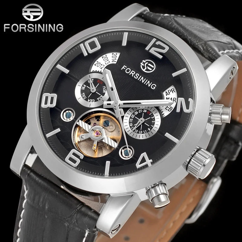 Forsining Fashion Mechanical Male Wristwatches Tourbillon Waterproof Leather Strap Regulator Watches With Perpetual Calendar