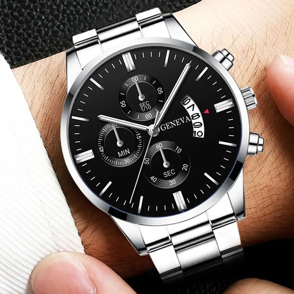 3PCS/Set Fashion Men's Stainless Steel Band Watch Casual Calendar Quartz Watch Jewelry Set（Without Box）