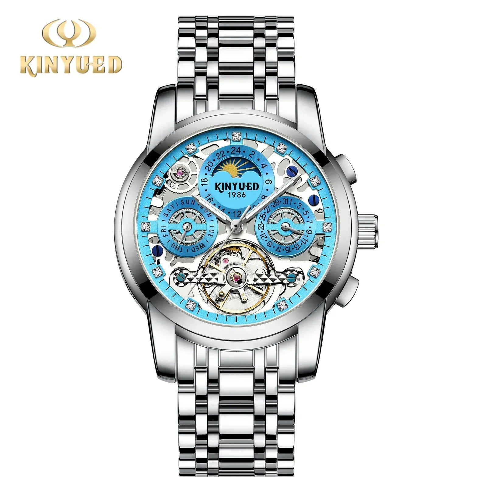 Tourbillon Automatic Watch for Men Diamond Moon Phase Mechanical Mens Watches Waterproof Silver Gold Stainless Steel Wristwatch