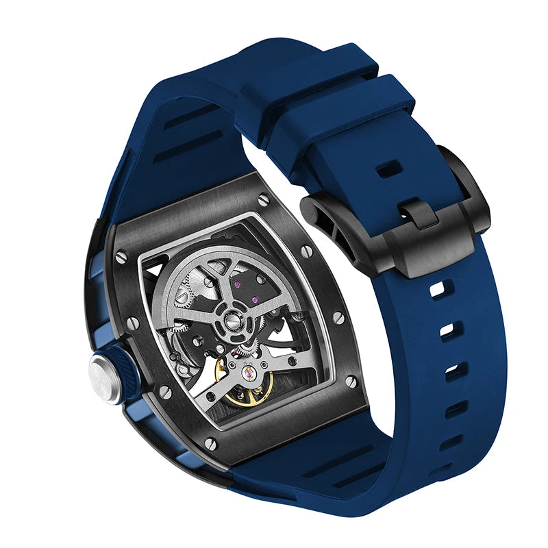 2025 New Top Brand Mens Automatic Watch Skeleton Tonneau Waterproof Wristwatch Luxury Clock Mechanical Watch for Men Earth dial