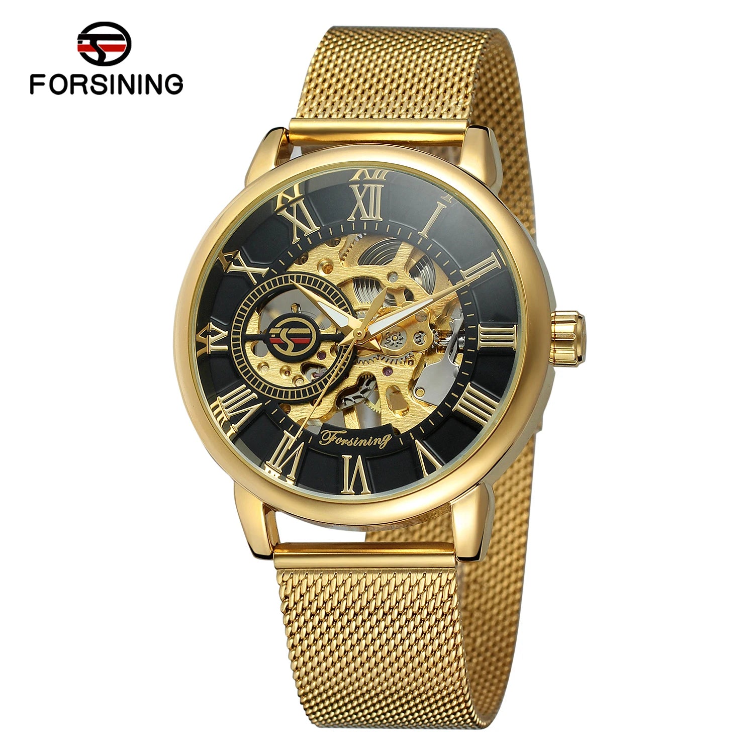 Classic Skeleton Mechanical Watch - Engraved Case with Mesh Strap & Roman Numerals