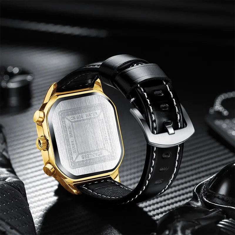 Golden Octagonal Multifunctional Watch - Leather Strap Quartz Timepiece for Men