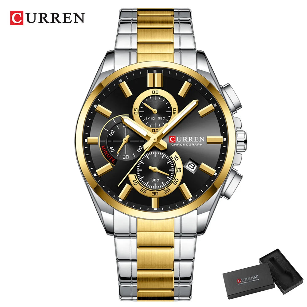 CURREN Men's Luxury Chronograph Watch - Moon Phase Waterproof Stainless Steel
