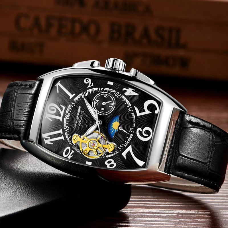 Tourbillon Fully Automatic Hollow Mechanical Watch Men's Large Dial Barrel-Shaped Student Business Watch Fashion Trendy K-Style, Back-Penetrating Movement, Curved Mirror High-End Men's Watch, European Popular Men's Gift Watch