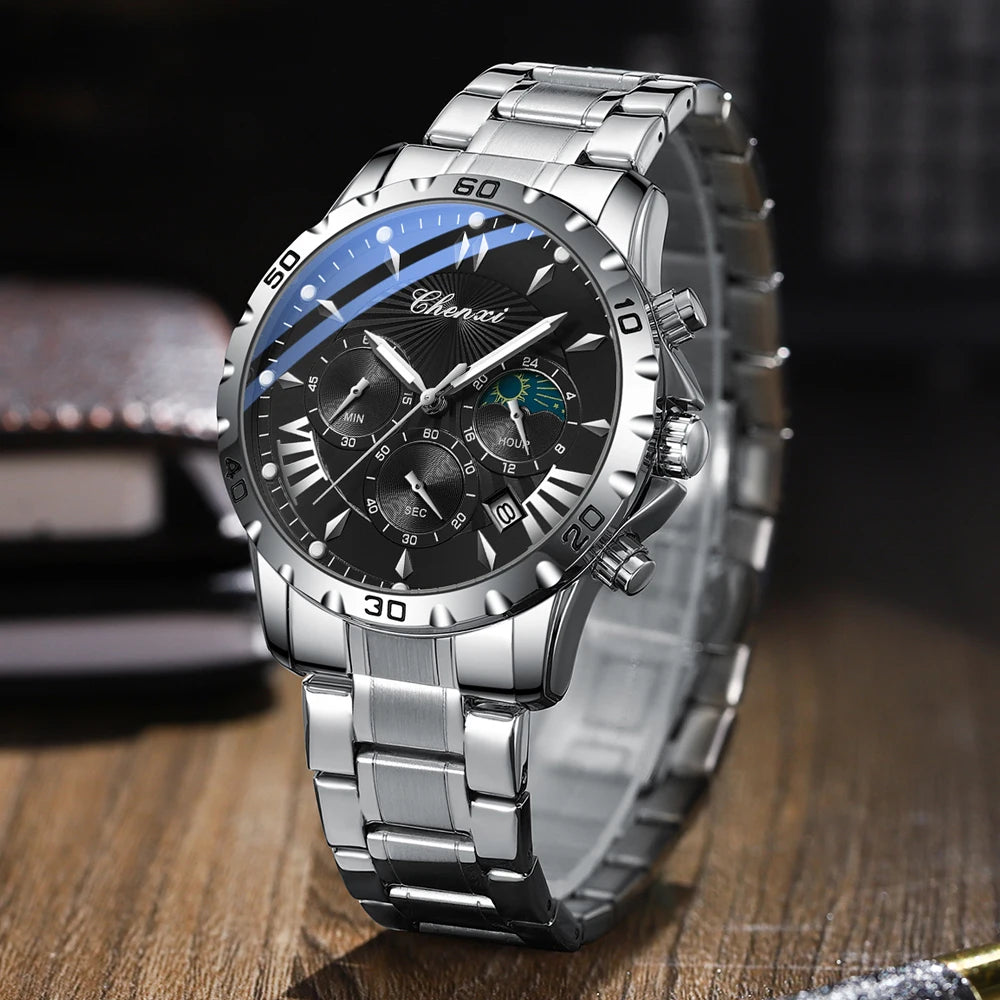 Multi-Function Chronograph Watch - Luminous Waterproof Steel Strap Quartz