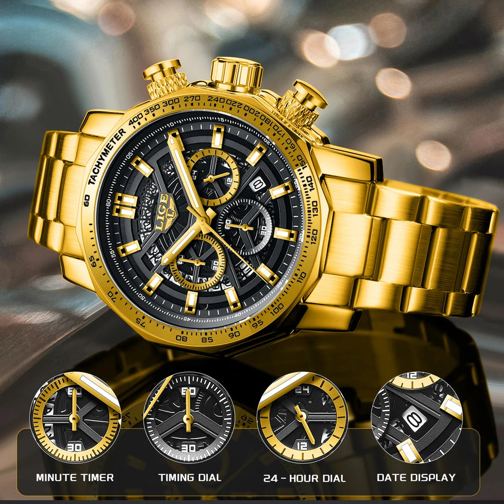 LIGE New Sport Chronograph Mens Watches Top Brand Luxury Full Steel Quartz Clock Waterproof Big Dial Watch Men Relogio Masculino