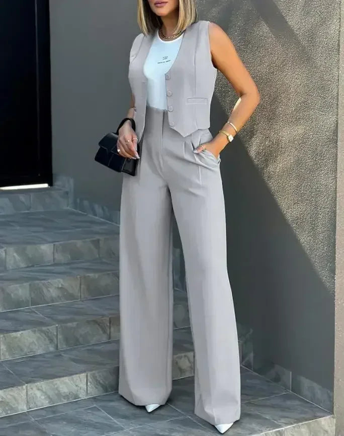 New 2025 Women's Summer Casual 2PCS Pants Sets Solid Vest +Pants Sets Elegant High Waist Wide Leg Outfits Women Matching Sets
