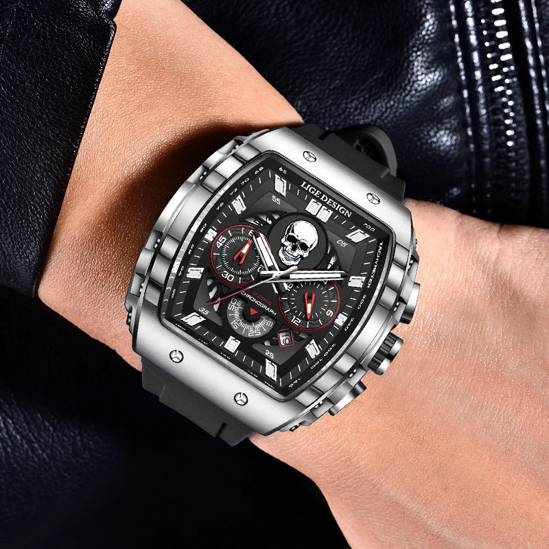 LIGE Brand Mens Watch Skeleton Skull Dial Sports Military Watches Men Fashion Luxury Waterproof Quartz Watch Chronograph Relogio