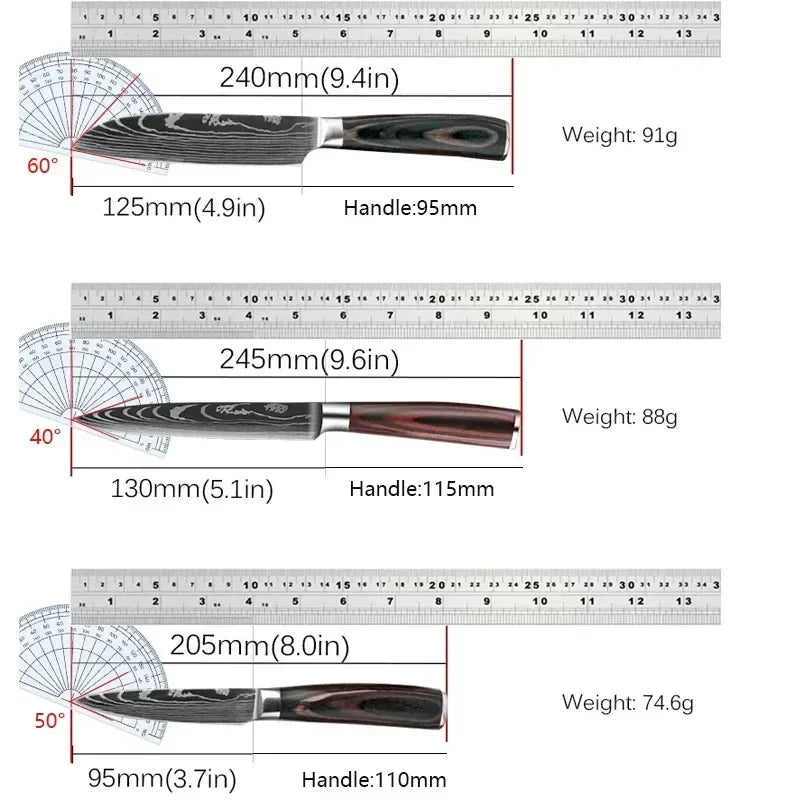 3PCS Kitchen Knife Set Laser Damascus Santoku Knife Utility Knife Professional Chef Knife Meat Cleaver Kitchen Accessories