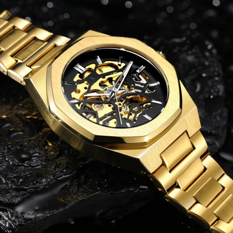 FORSINING 344D Men's Luxury Mechanical Watch - Fashion Skeleton Hollow Dial Steel Strap Business Luminous