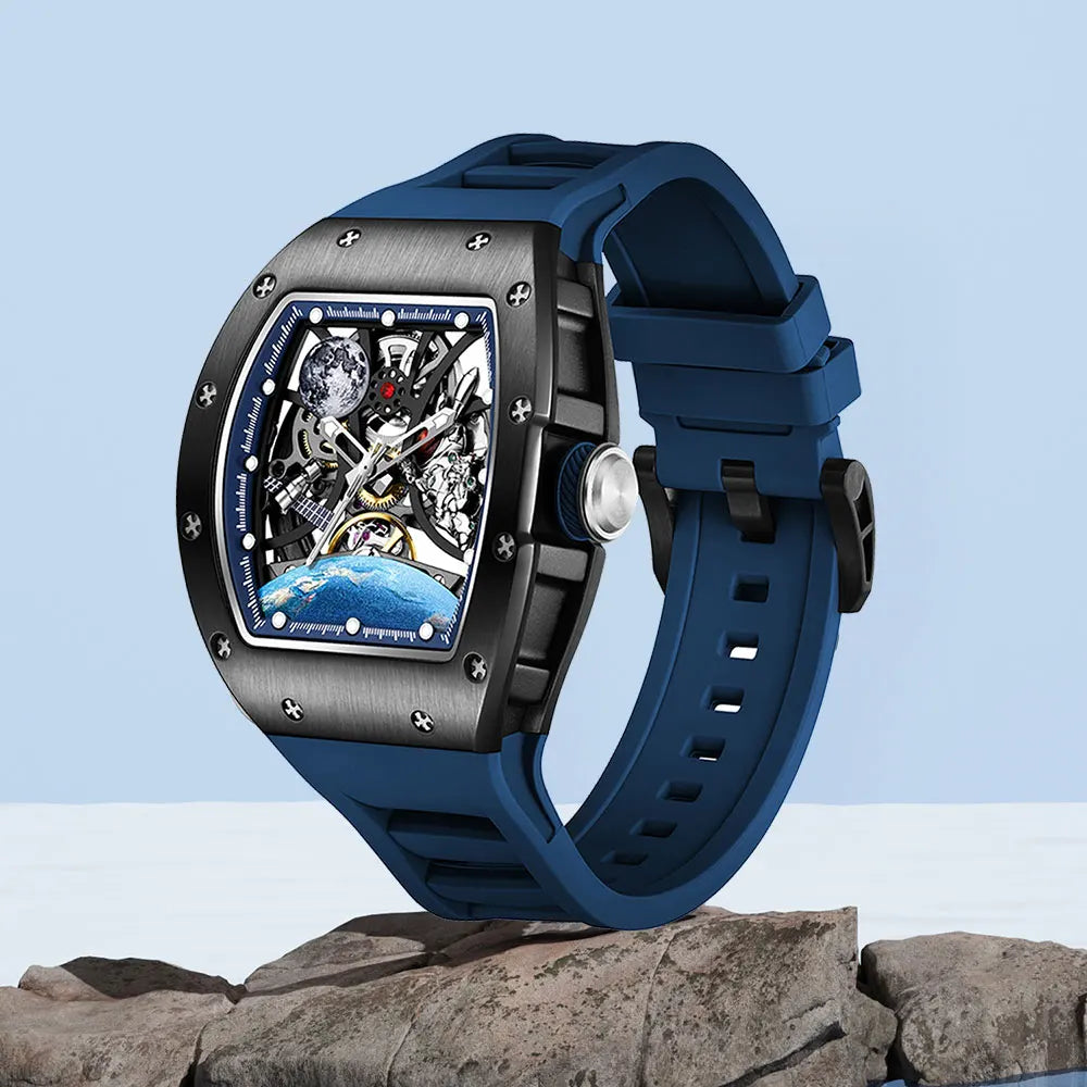 2025 New Top Brand Mens Automatic Watch Skeleton Tonneau Waterproof Wristwatch Luxury Clock Mechanical Watch for Men Earth dial