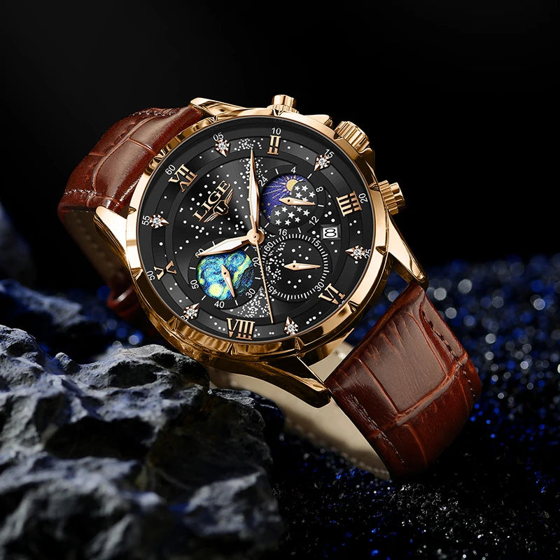 LIGE Chrono Master - Luxury Leather Waterproof Date Chronograph