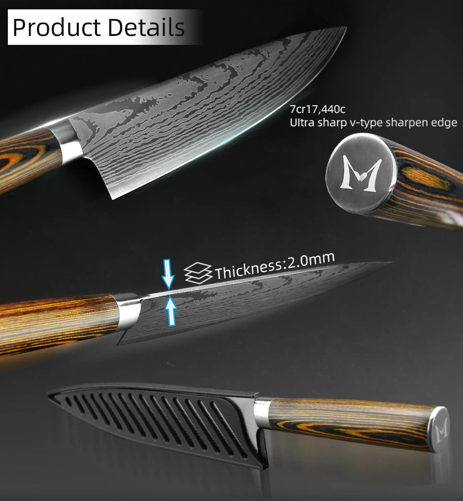 Kitchen Knife Chef Knives Japanese 7CR17 440C High Carbon Stainless Steel Imitation Damascus Sanding Laser Knife
