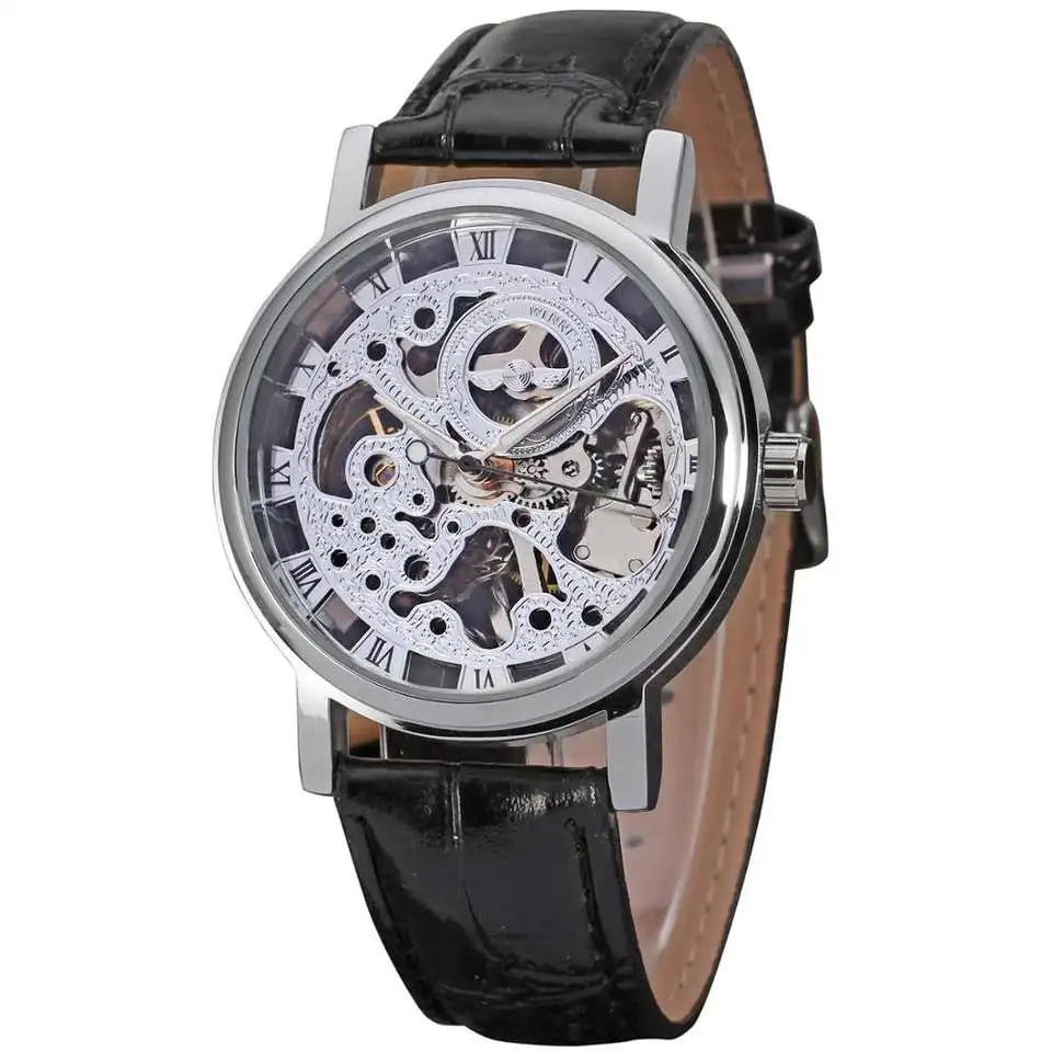 Luxury Brand New Style Golden Skeleton Watches Men Black Leather Strap Mechanical Hand Wind Wristwatches Nice Gift
