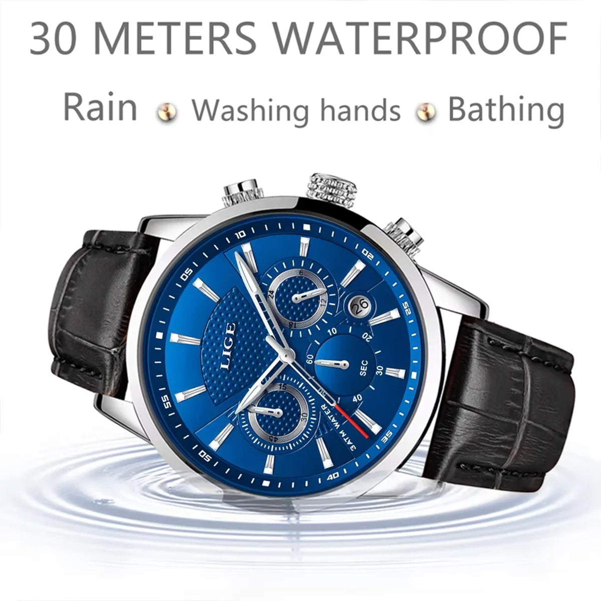 LIGE Mens Business Watches Luxury Waterproof Sport Man Watch Chronograph Genuine Leather Men Quartz Wristwatch Relogio Masculino