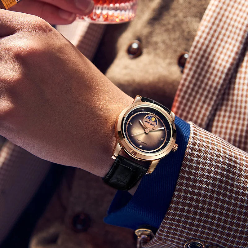 Men's Fully Automatic Mechanical Watch Moon Phase Series 42mm Dial with Moon Phase Function Sun God Style Leather Strap