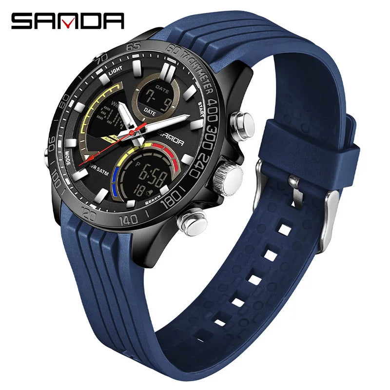 SANDA 6269 Dual Display Electronic Watch Men's Dual Movement 5ATM Waterproof Night Light Three Ground Time Student Sports Watch