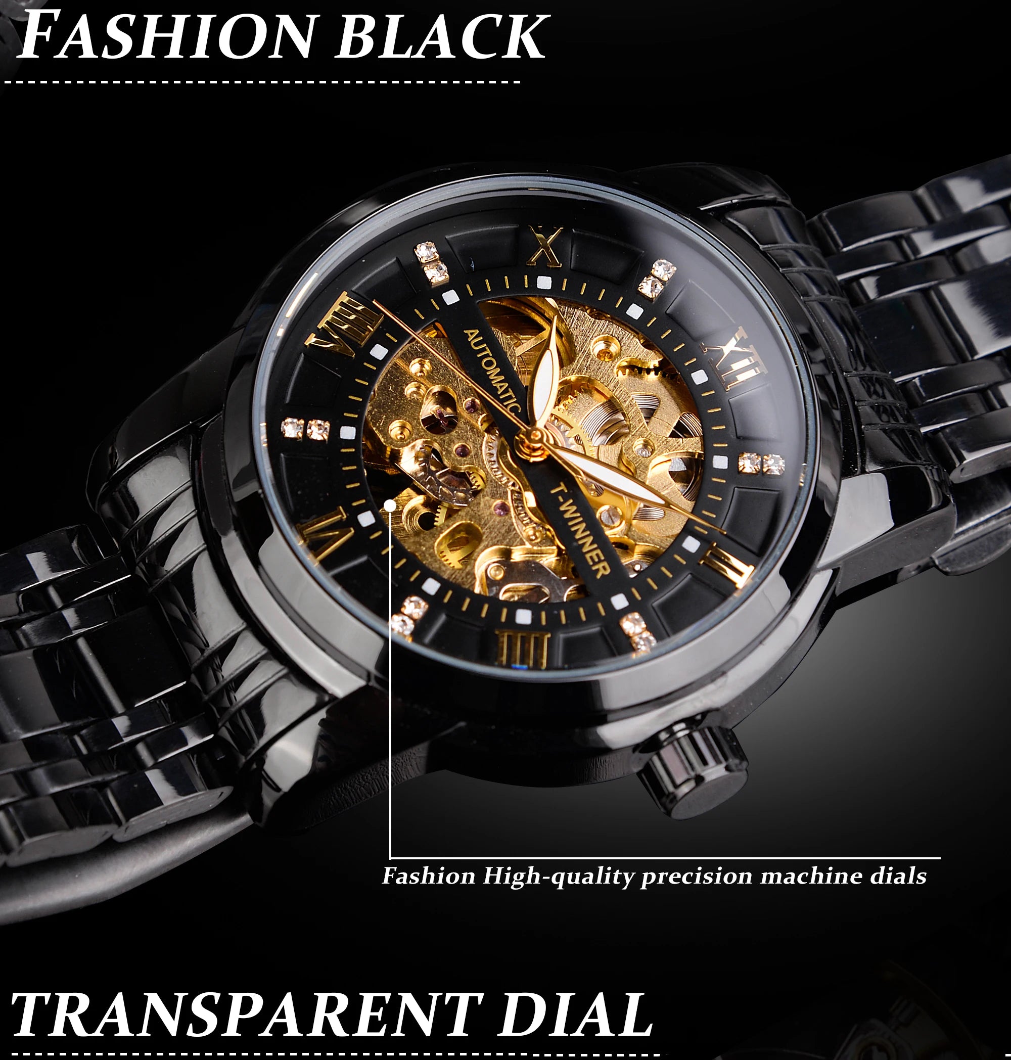 Winner Top Luxury Men Skeleton Automatic Mechanical Watch Fashion Rhinestone Luminous Stainless Steel Business Male Wristwatches
