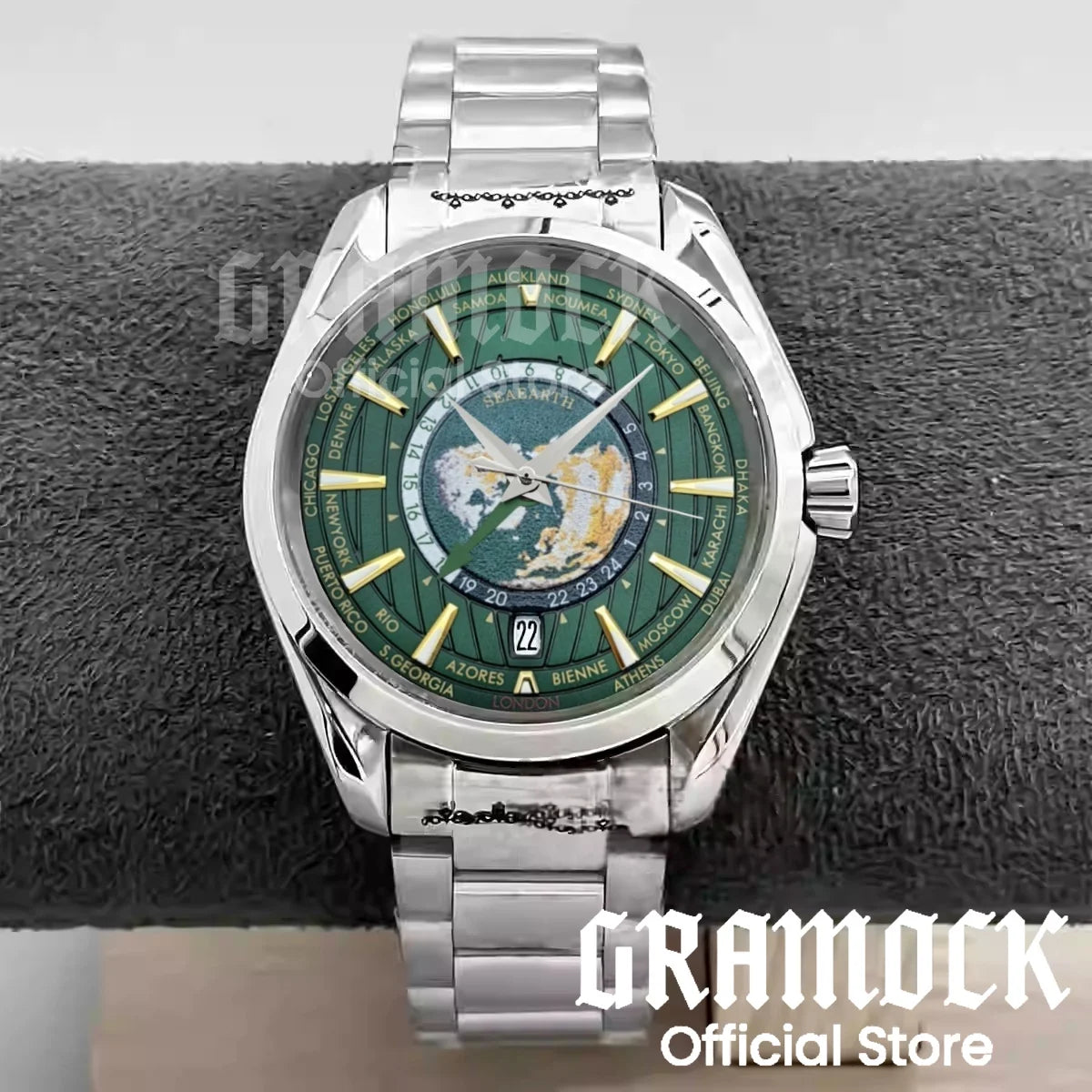 Gramock 40mm World Time GMT Zone Map Men's 6 o'clock Date Automatic Watch NH34A Mechanical Diving Wristwatch Steel/Rubber Strap