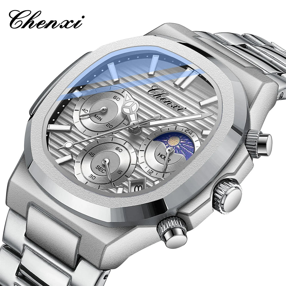 Astronomical Chronograph Watch - Waterproof Moon Phase Calendar with Luminous Steel
