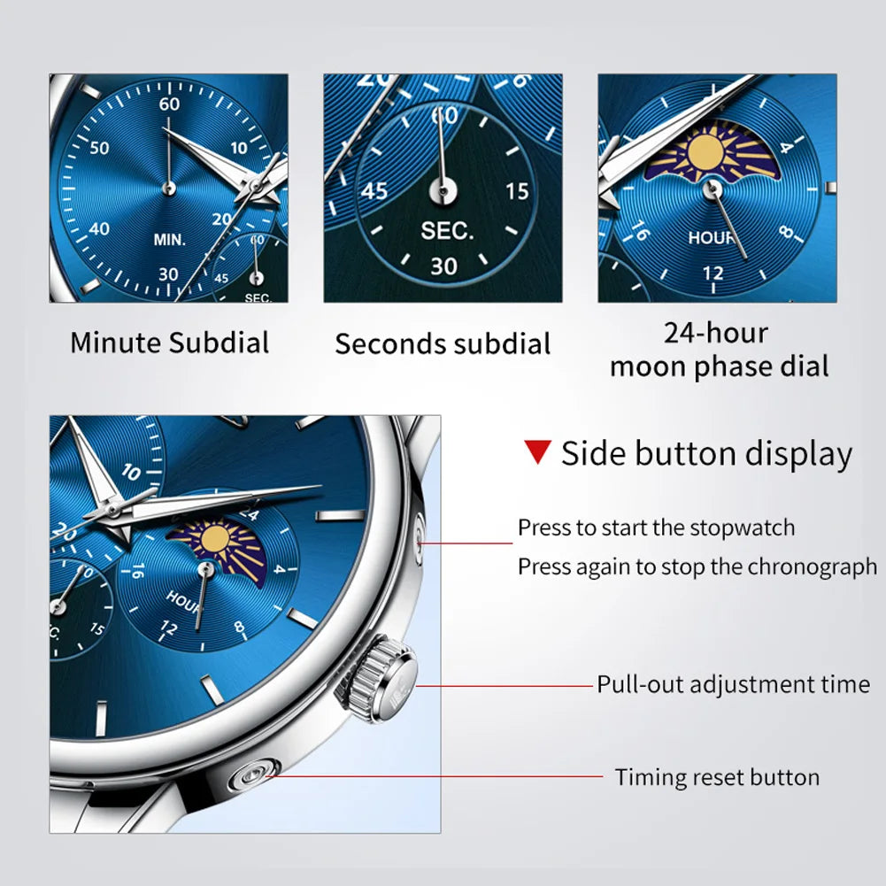 OLEVS Moon Phase Men's Watch Simple Casual Original Fashion Quartz Watch for Men Waterproof Luminous Stainleess Steel Wristwatch
