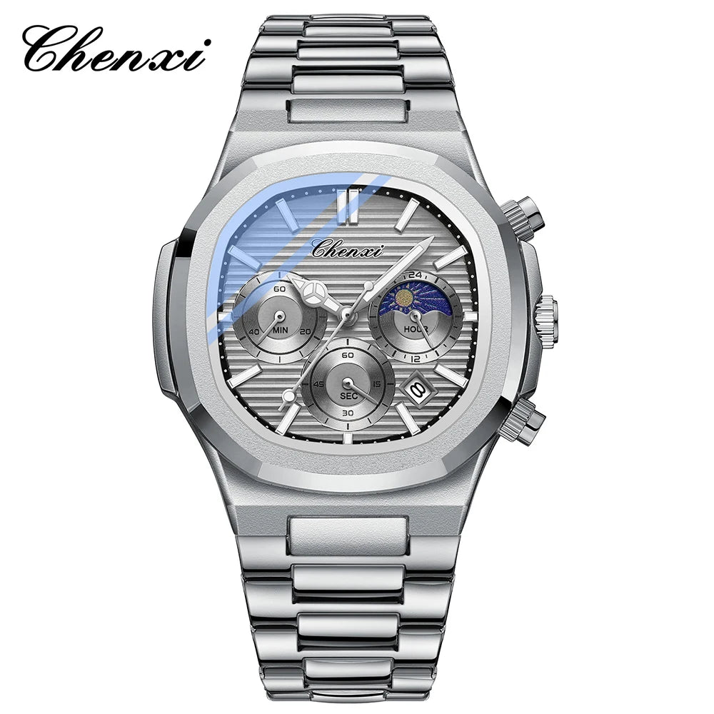 Astronomical Chronograph Watch - Waterproof Moon Phase Calendar with Luminous Steel