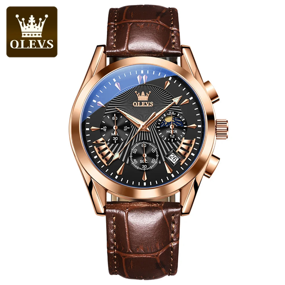 OLEVS 2876 Moon Phase Man Watch Original Genuine Leather Strap Quartz Watch for Men Auto Date Waterproof Luxury Men's Wristwatch