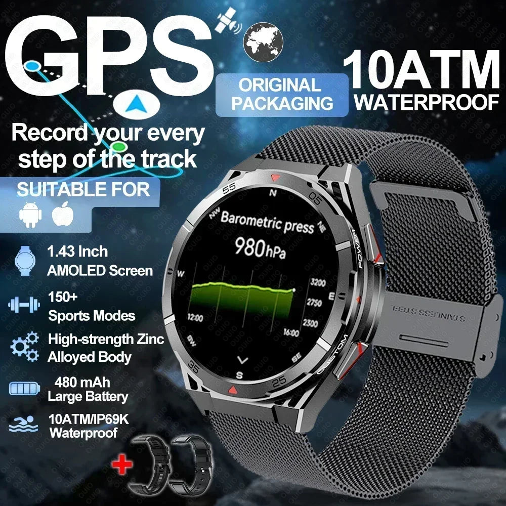 2025 New Dual-Band satellite GPS SmartWatch Men 1.43'' AMOLED Screen IP69 5ATM Waterproof Compass Heart Rate BT Call SmartWatch