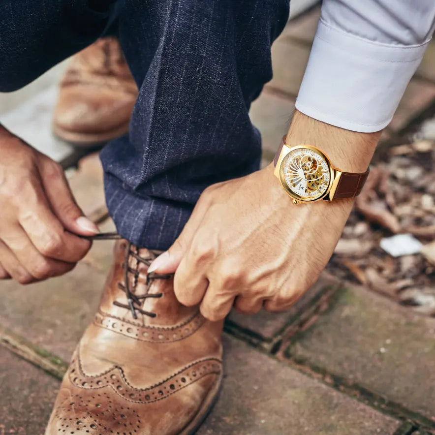 SKROX Vintage Skeleton Man Watch Thin Mechanical Luminous Male Wrist Watches Original Top Brand Luxury Clockwork reloj hombre