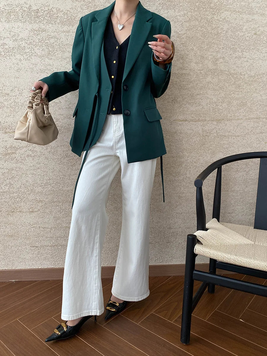 [LANMREM] Designer Asymmetric Spliced Design Lace-up Gathered Waist Blazers For Women Notched Fit Jackets 2025 Winter New 26C565