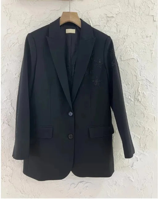 crystal-embellished blazer women peak lapels long sleeves two side flap pockets high fashion autumn winter blazers female