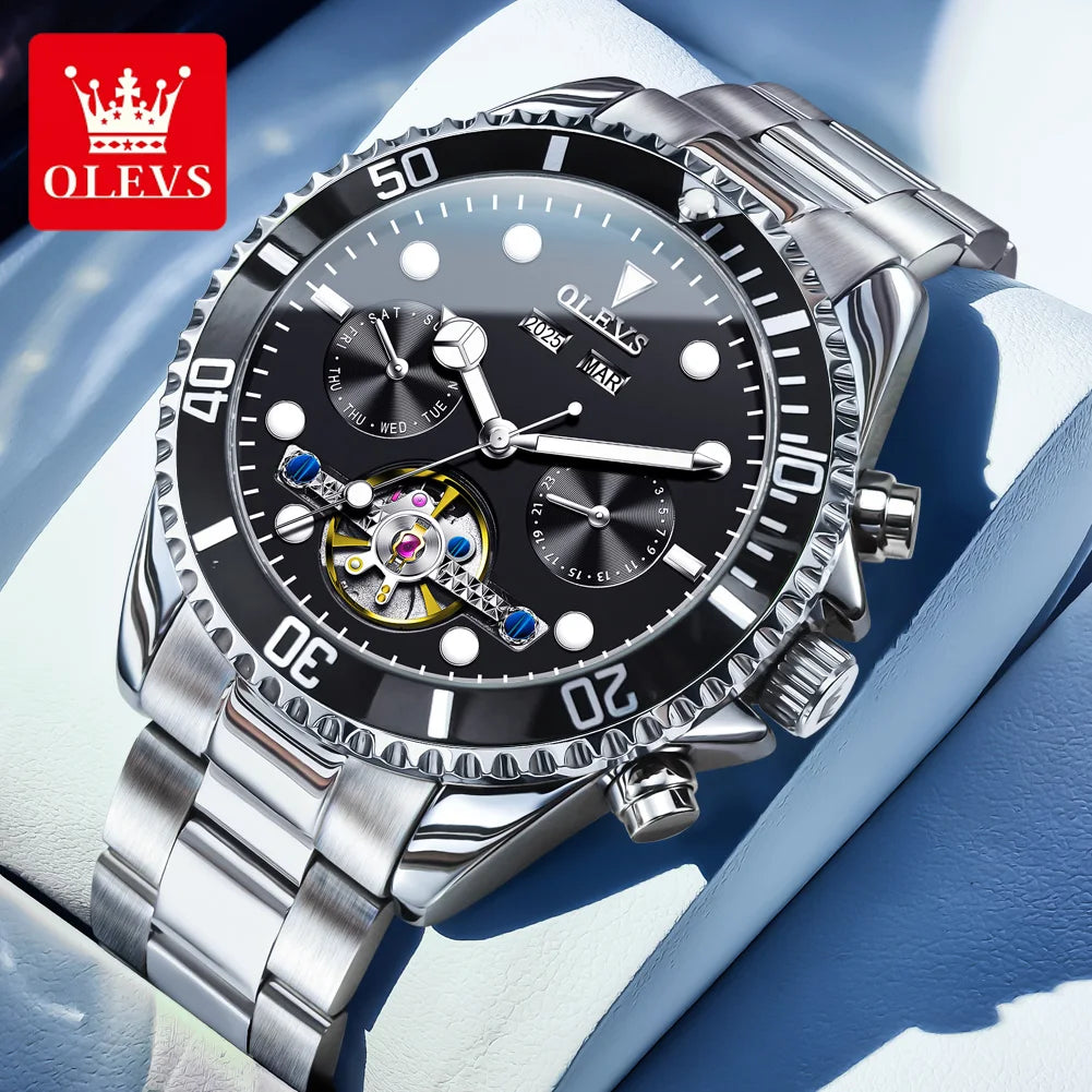 OLEVS 6605 Mens Watch Luxury Original Automatic Mechanical Watch Waterproof Luminous  PerpetualCalendar Day-Date Watch With Box